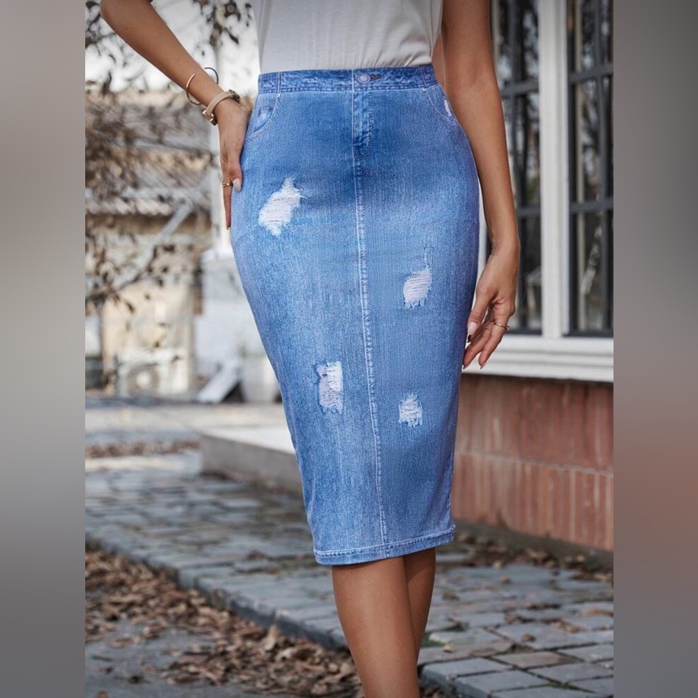 Light Blue Not-Distressed Denim look Pencil Skirt